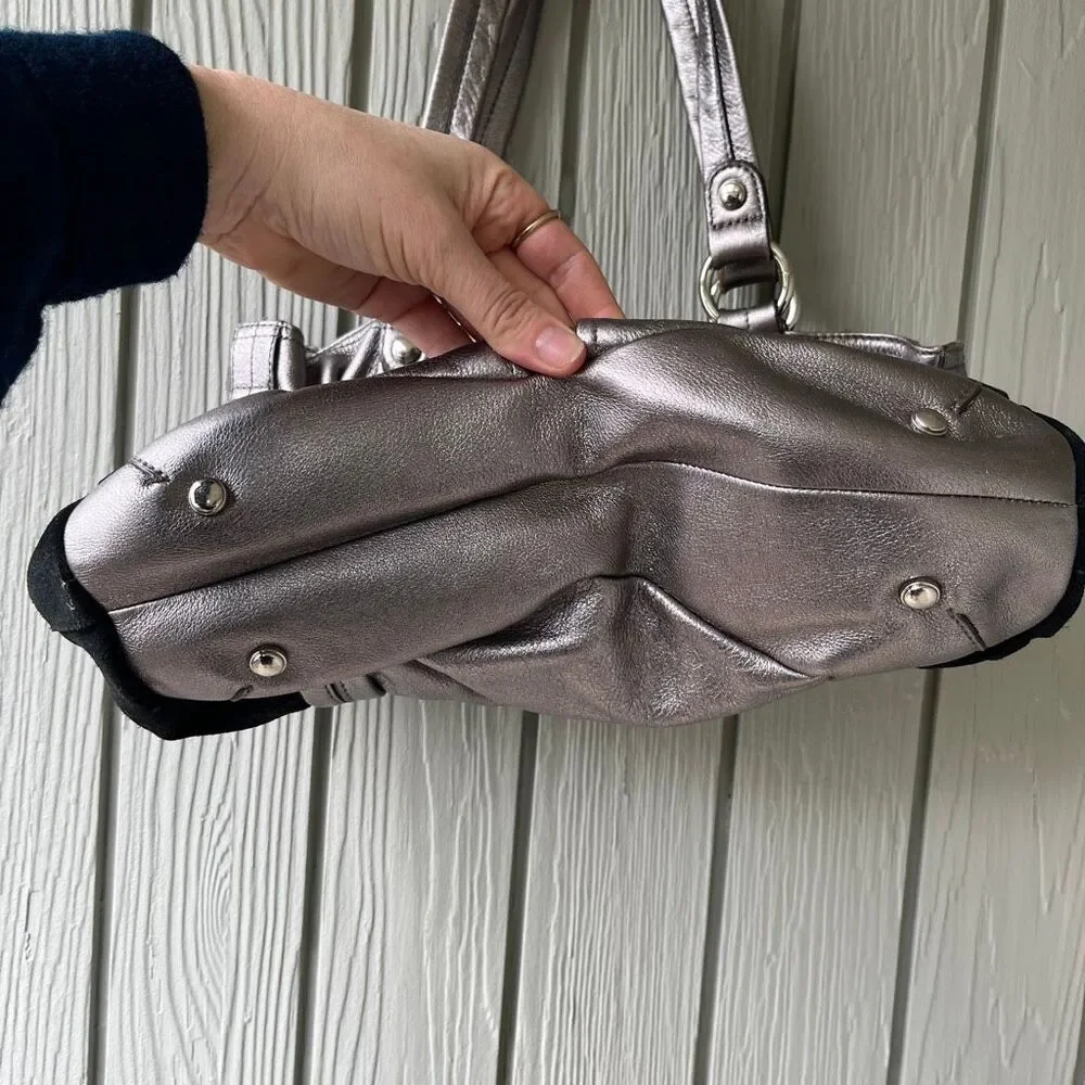 B Makowsky Gunmetal Leather Studded Tote Bag Y2K Moto Boho Shoulder Bag